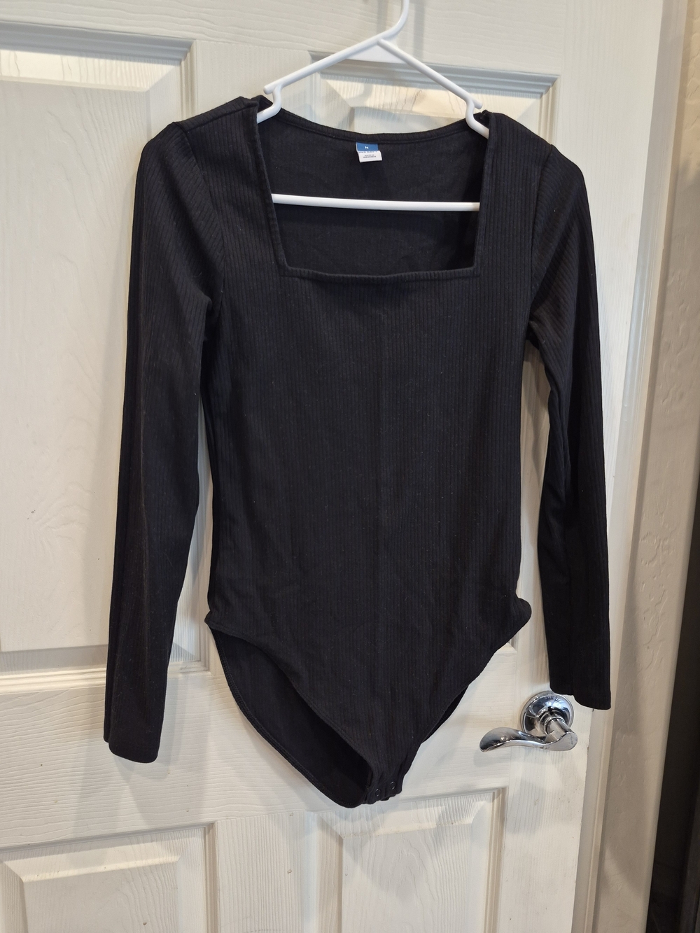 Black Ribbed Long-Sleeve Square Neck Bodysuit - Women